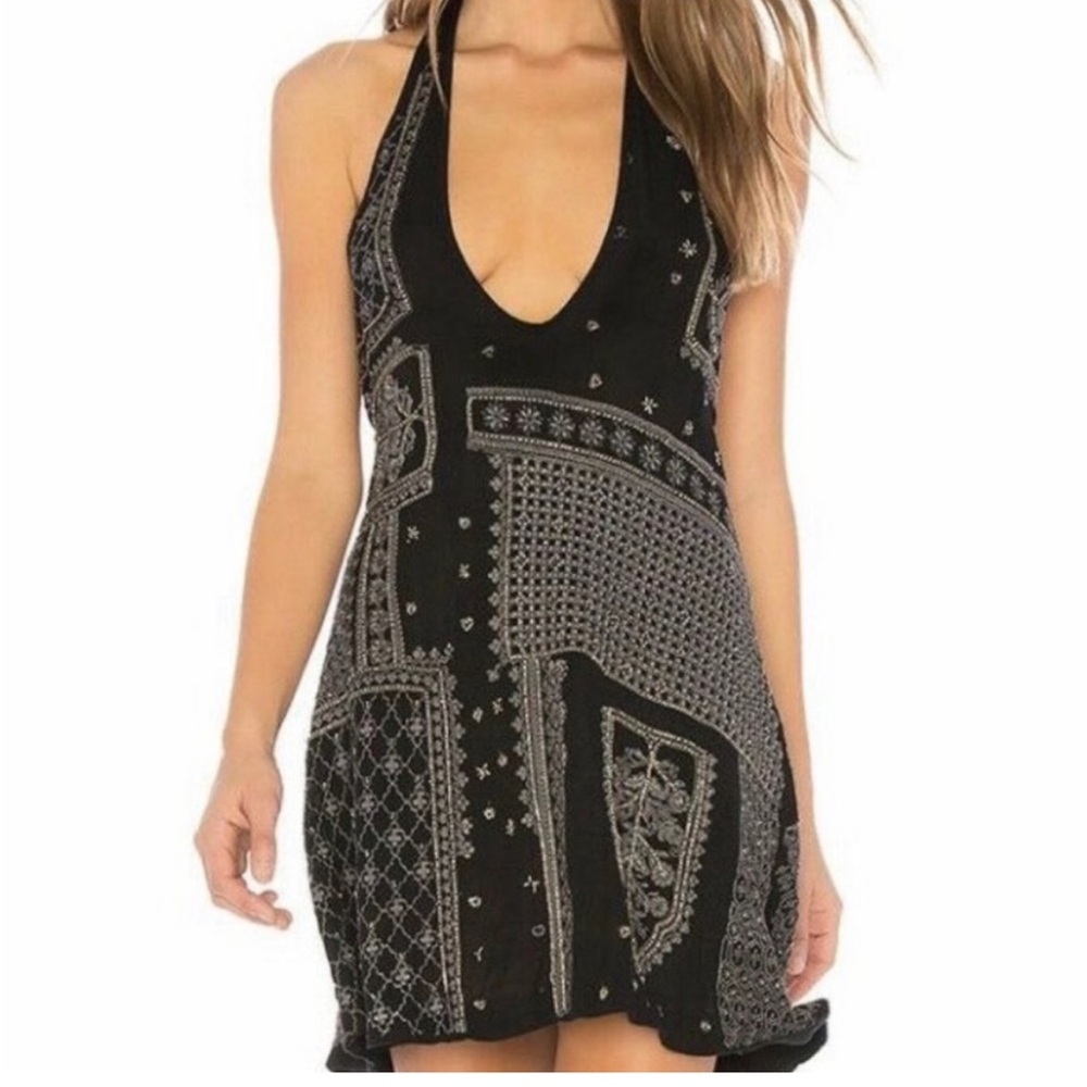 Intimately free people country nights halter dress mini embroidered black XS